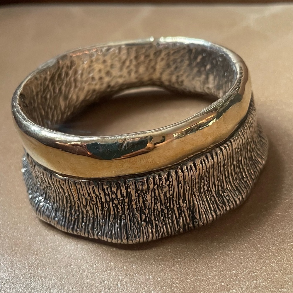 Signed vintage Lebitski 925 Sterling silver textured bangle cuff bracelet wave